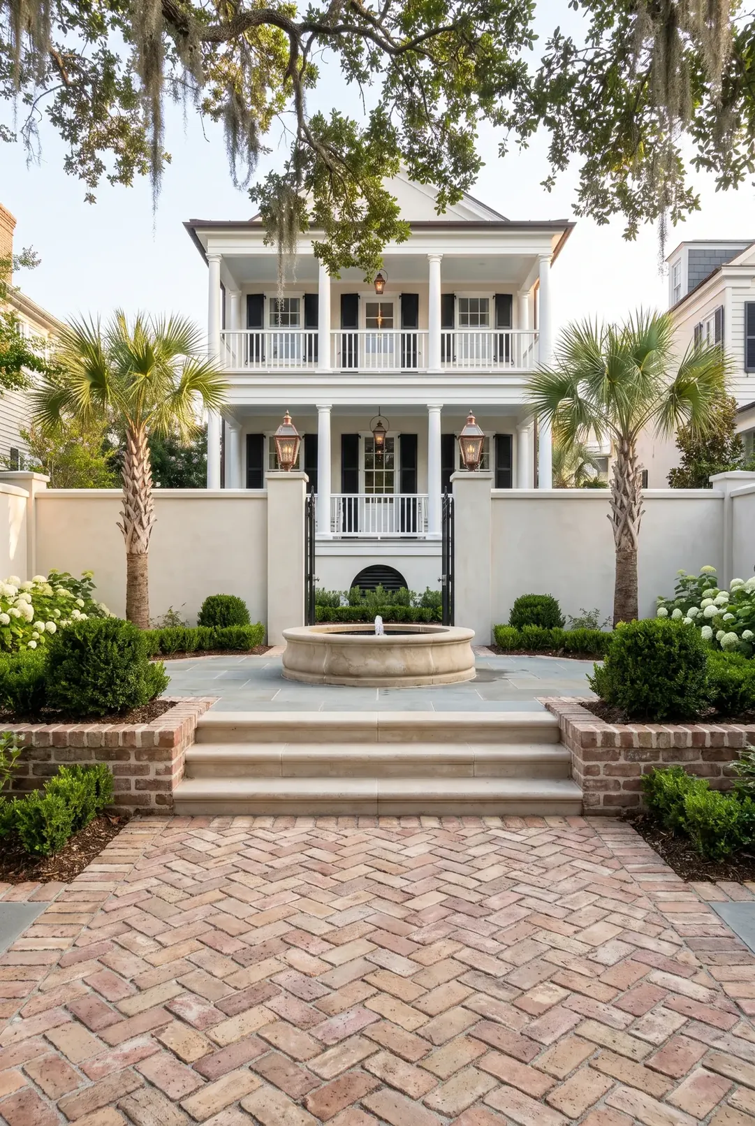 A Charleston courtyard: a herringbone brick terrace, limestone steps and a stone fountain between boxwood beds, in front of a white two-story piazza with copper gas lanterns